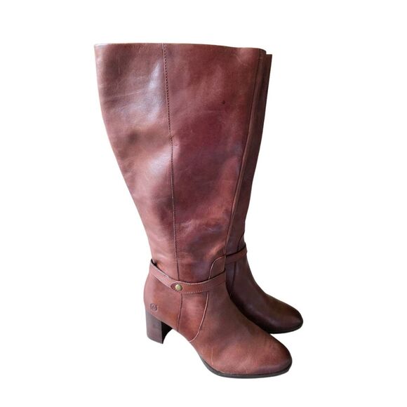 Born Knee Ellendale High Boots Size 8.5 Brown Leather Block Heel Almond Toe - Picture 1 of 7